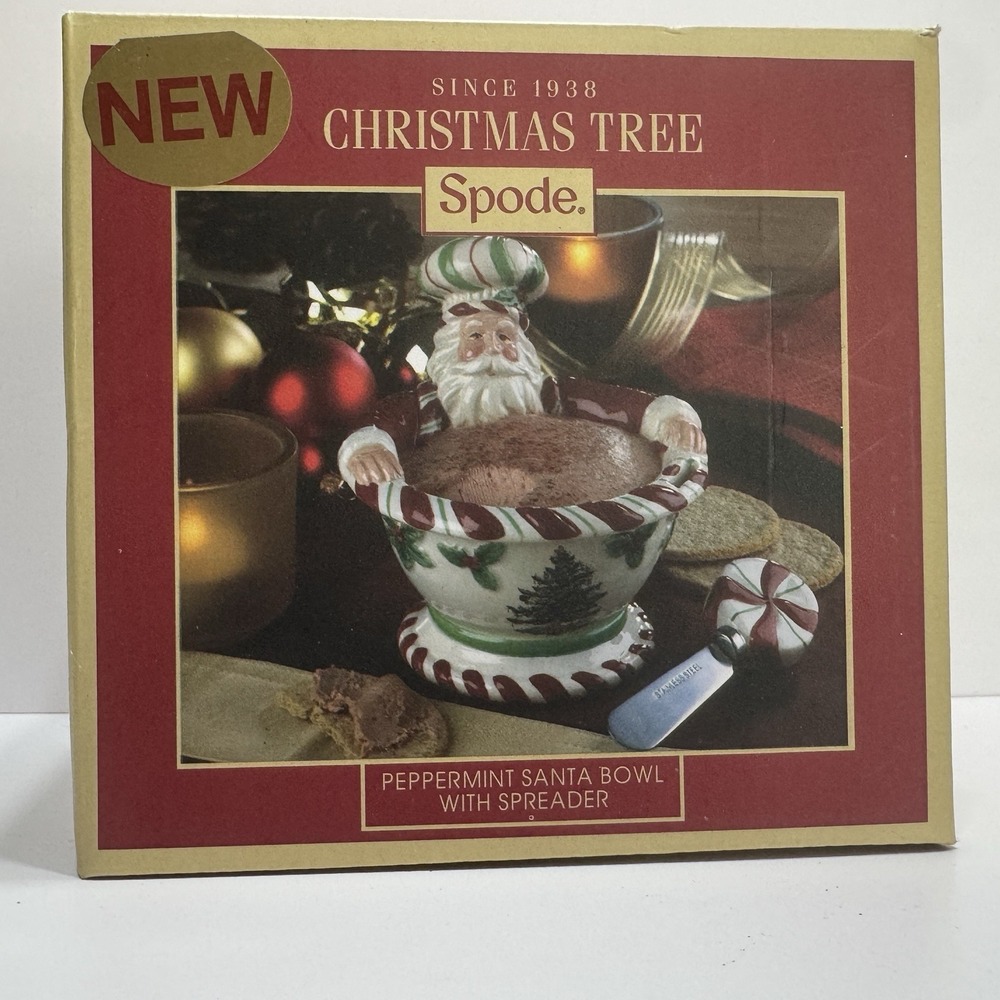 Spode Christmas Tree Peppermint Dip Bowl Original Stickers Hand painted Santa